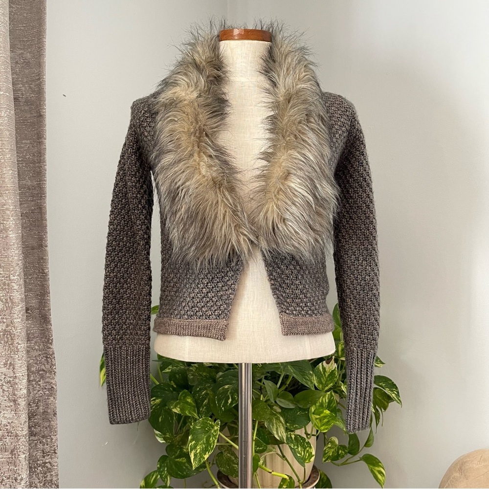 Anthropologie Gray Knit Cardigan with Faux Fur Collar